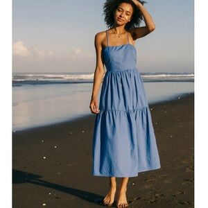 ROVE Designs French Flax Linen Blend Joie Midi Dress Size Large Blue Like New